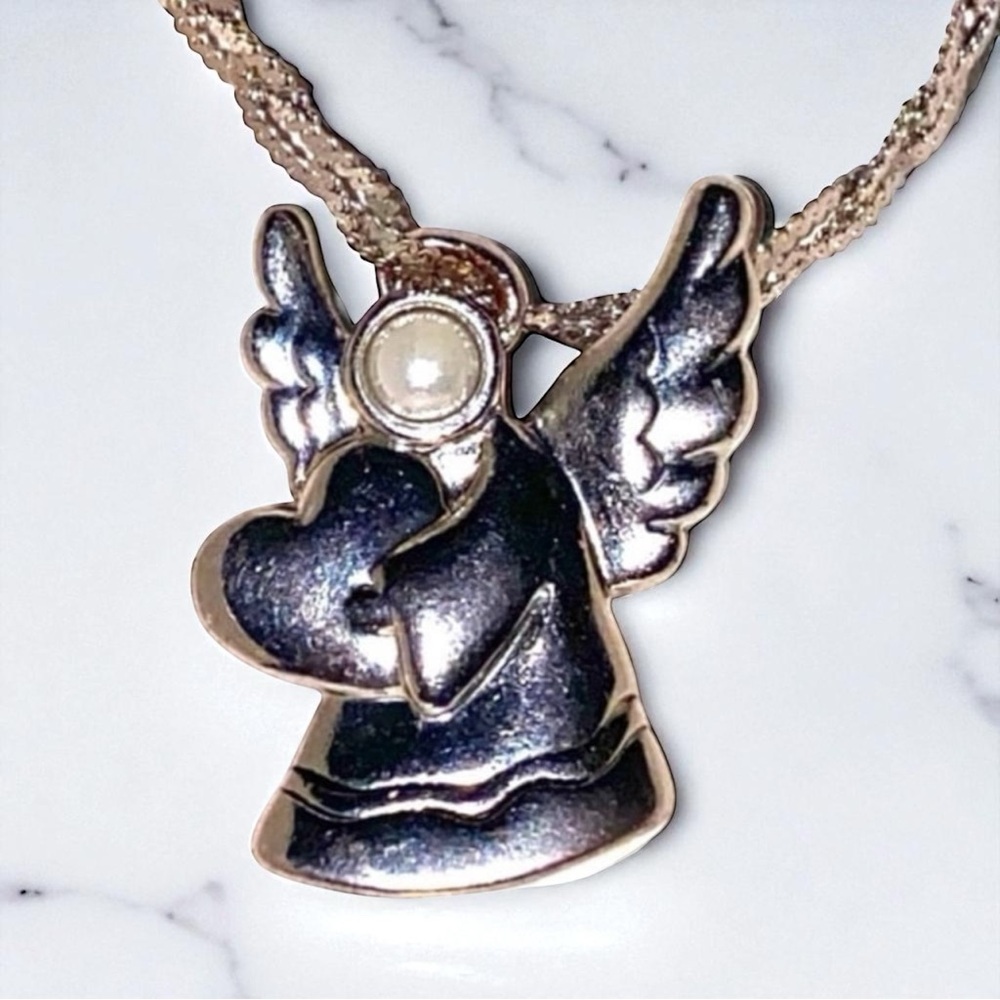 Vintage Sterling Silver Pearl Angel Pendant Braided Chain Necklace 20" - Picture 3 of 7